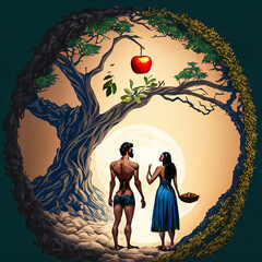 Adán y Eva en el paraíso delante del árbol del bien y del mal con la manzana (generado por IA)