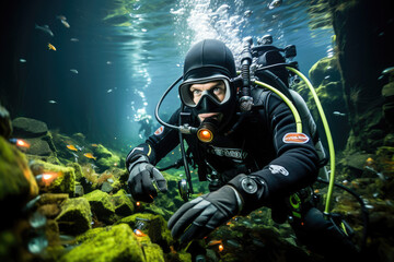 A diver explores a mysterious underwater cave.