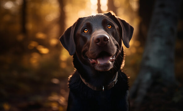 Chocolate Labrador retriever dog in the forest at sunset. Dog with a smile, very happy face close-up. Selective focus.
