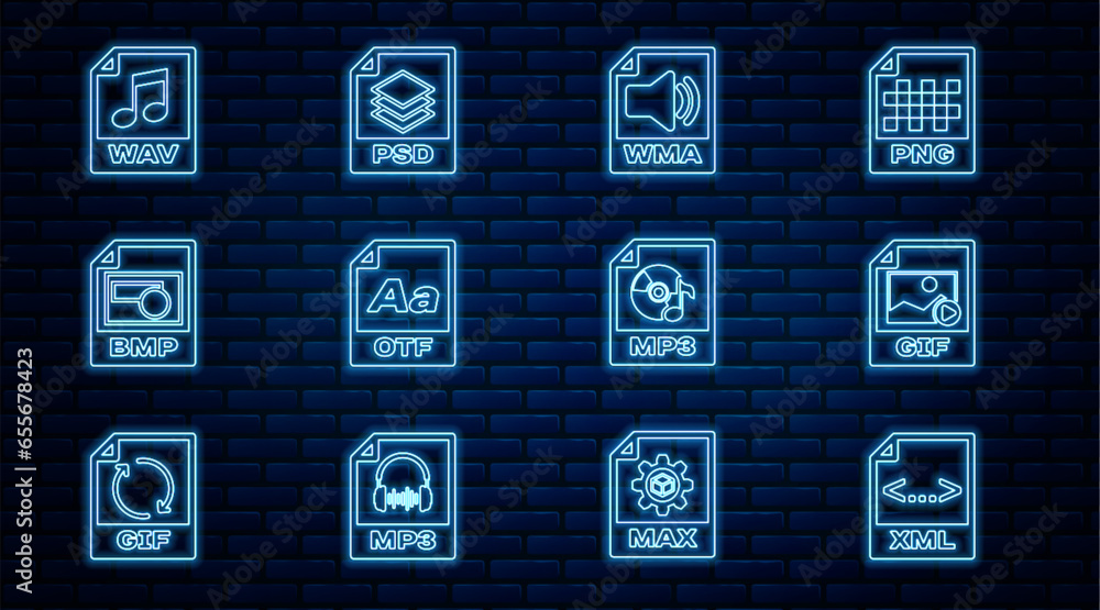 Wall mural Set line XML file document, GIF, WMA, OTF, BMP, WAV, MP3 and PSD icon. Vector