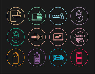 Set line Mobile and password, Cloud VPN interface, Password protection, Digital door lock with wireless, Lock, Laptop and icon. Vector