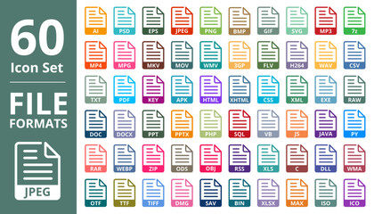 Colorful File Format Vector Icon Set. JPEG, PNG, GIF, BMP, EXE, AI, MP3, ZIP, 7z, PSD, CSS, HTML, JS, SQL, XML, RAR, SVG, PY, OTF, TTF, WAV, ISO, WEBP and Many More.