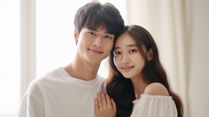 Photo shoot wedding in studio of a cute couple groom and bride with wearing white costume. Generative Ai