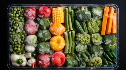 Lots of chopped vegetables packed in vinyl bags freezer shelf in refrigerator