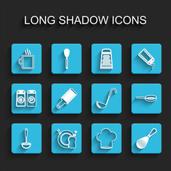 Set line Kitchen ladle, Washing dishes, Coffee cup, Chef hat, whisk, Grater, Frying pan and icon. Vector