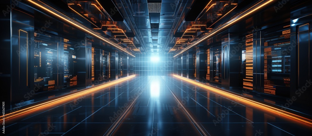 Poster visualization of server racks in a dark room with vfx representing iot data flow and digitalization 