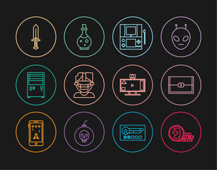 Set line Coin for game, Chest, Portable video console, Virtual reality glasses, Computer, Sword, Live streaming online and Bottle with magic elixir icon. Vector