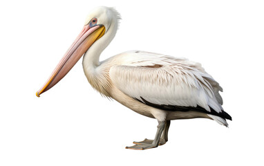 Standing Beautiful White Pelican Bird Isolated on White Transparent Background.
