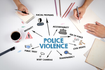 POLICE VIOLENCE  Concept. The meeting at the white office table - obrazy, fototapety, plakaty
