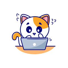 cute cat character on laptop illustration emotes sticker element collection isolated