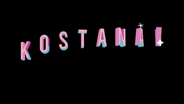 Bright letters jump merrily in the inscription KOSTANAY city. Retro. Alpha channel black. Looped from frame 120 to 240, Alpha BW at the end
