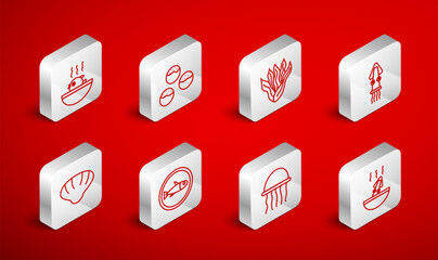 Set line Soup with octopus, Takoyaki, Seaweed, Octopus, Jellyfish, Puffer soup, Served on plate and Scallop sea shell icon. Vector