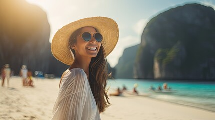 Asian female traveler in summer clothes Relaxing bliss on the sunny beach, Maya Bay, Phi Phi Island - obrazy, fototapety, plakaty