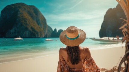 Asian female traveler in summer clothes Relaxing bliss on the sunny beach, Maya Bay, Phi Phi Island - obrazy, fototapety, plakaty