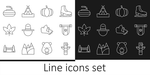 Set line Canadian totem pole, Pennant Canada, Pumpkin, ranger hat, maple leaf, Stone for curling, and Indian teepee wigwam icon. Vector