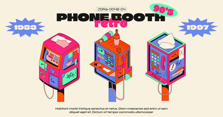 Set vintage payphones, telephone booth in retro 90s style. Acid illustration of street communication medium coin telephone in groovy style - obrazy, fototapety, plakaty