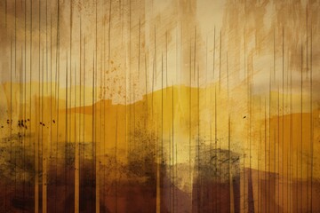 A vibrant landscape painting with warm yellow and brown tones