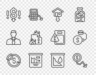 Set line Dollar rate decrease, Falling property prices, Pie chart infographic, Fire burning house, Drop crude oil and Debt ball chained to coin icon. Vector