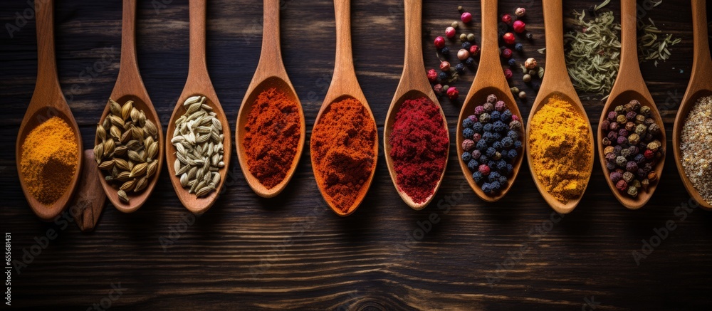 Poster various colorful spices displayed on a wooden table using spoons with copyspace for text