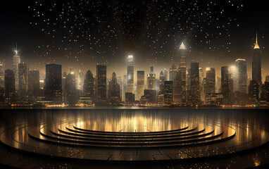 Golden luxury podium for display with city in the background - obrazy, fototapety, plakaty