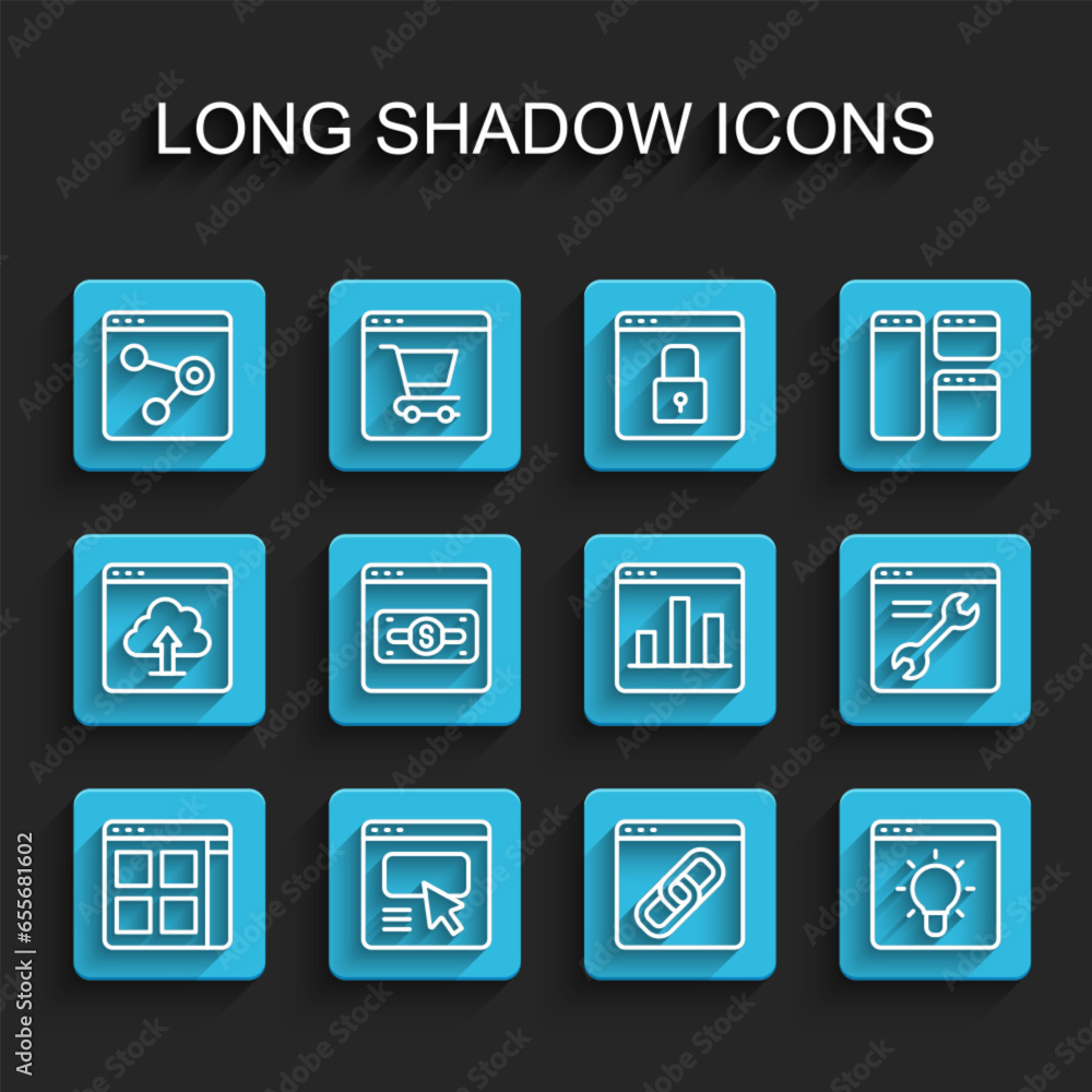 Poster set line browser files, ui or ux design, window, online shopping on screen, setting and graph chart 