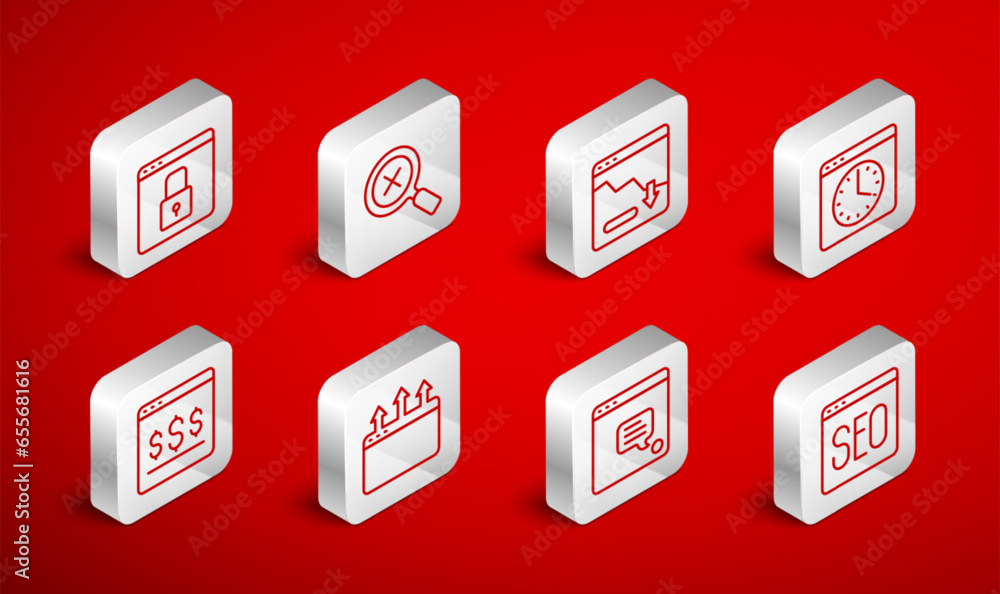 Poster set line seo optimization, financial growth decrease, browser window, new chat messages notification
