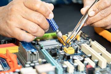 Repairing and upgrade circuit mainboard of notebook, electronic, computer hardware and technology concept.