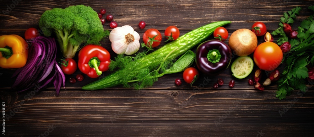 Poster vegetables on a wooden background with abstract design with copyspace for text
