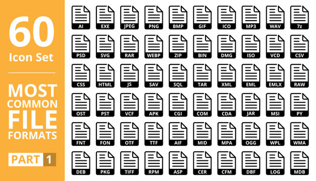 File Format Vector Icon Set. JPEG, PNG, GIF, BMP, EXE, AI, MP3, ZIP, 7z, PSD, CSS, HTML, JS, SQL, XML, RAR, SVG, PY, OTF, TTF, WAV, ISO, WEBP and Many More.