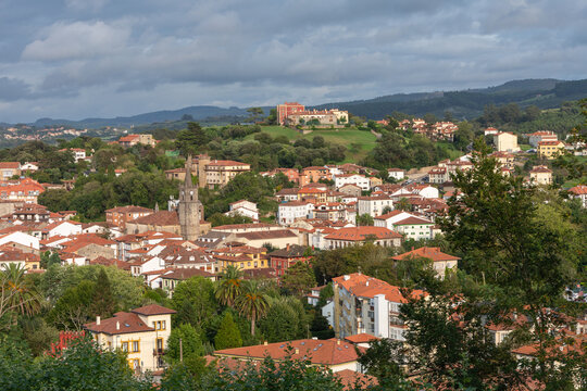 Panoramic view of the town with its church, Comillas, Spain, Europe, August 29, 2023. horizontal