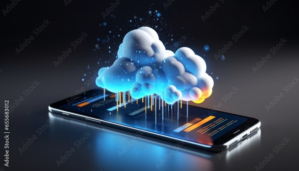 Poster cloud computing concept with mobile phone on dark background.