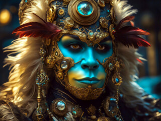 Portrait eines Mannes mit blauem make-up, Kopf - und Gesichtsschmuck. Biopunk. Steampunk. Cyberpunk.