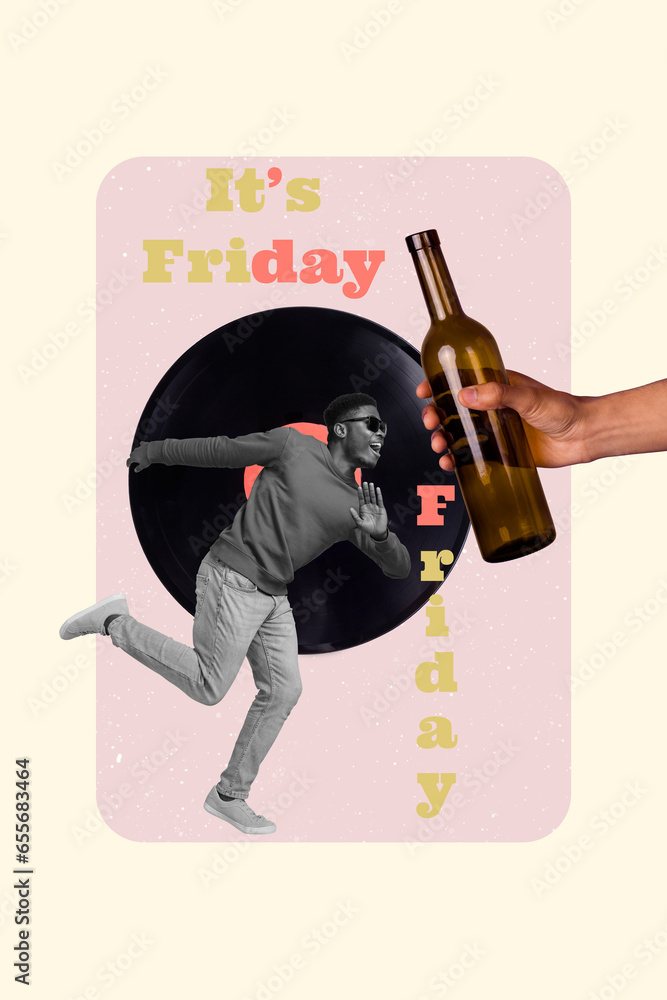 Sticker Vertical creative collage image of excited funny young man dancing discotheque hand hold alcohol bottle celebrate weekend friday