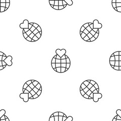 Grey line Human hand holding Earth globe icon isolated seamless pattern on white background. Save earth concept. Vector