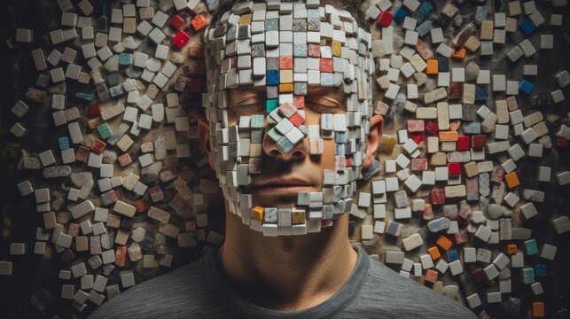 A portrait of a person with their face hidden by a mask made of prescription pills, emphasizing the way addiction can mask one's true self.