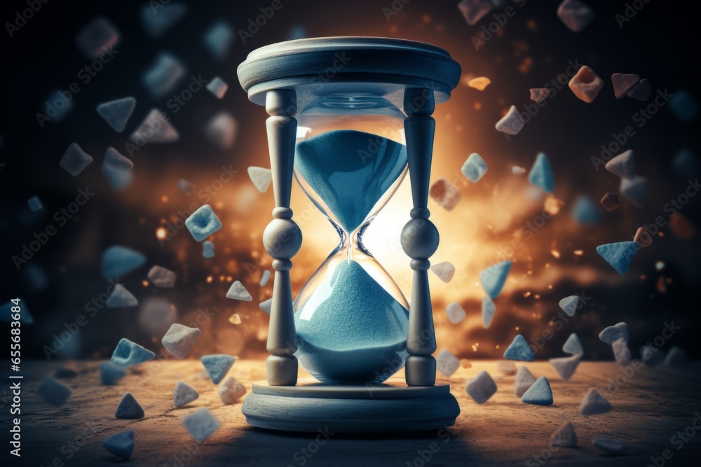 Poster a conceptual image of pills spilling out of an hourglass, symbolizing the relentless passage of time