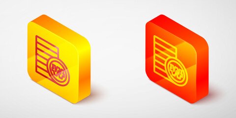 Isometric line South Korean won coin icon isolated on grey background. South Korea currency business, payment and finance. Yellow and orange square button. Vector