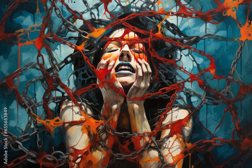 Aufkleber An abstract portrayal of addiction as a tangled web of chains and shackles, constraining and imprisoning the individual in their struggle.