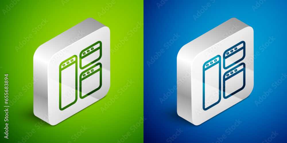 Poster isometric line browser window icon isolated on green and blue background. silver square button. vect