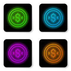 Glowing neon line Coin money with dollar symbol icon isolated on white background. Banking currency sign. Cash symbol. Black square button. Vector
