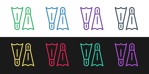 Set line Rubber flippers for swimming icon isolated on black and white background. Diving equipment. Extreme sport. Diving underwater equipment. Vector © vector_v