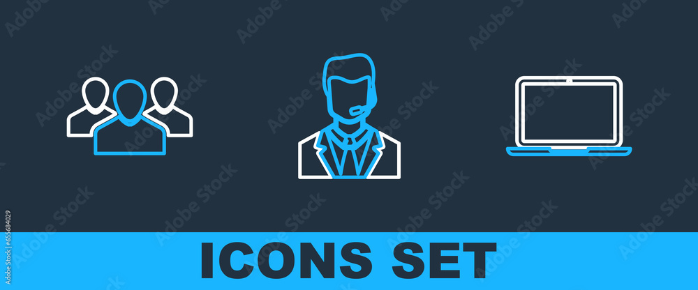 Poster set line laptop, users group and man with headset icon. vector