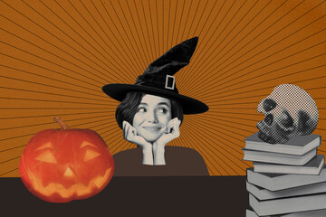 Creative composite photo collage of cute witch prepare for celebrating halloween with skull pumpkin...