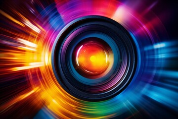A close-up of a camera lens bathed in a rainbow of colors from the surrounding lights, creating a dynamic and vibrant visual effect.