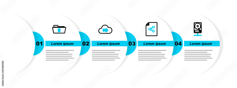 Poster set line hard disk drive on sharing network, share file, music streaming service and delete folder i