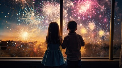 The children looked out the glass window and saw colorful fireworks. - obrazy, fototapety, plakaty
