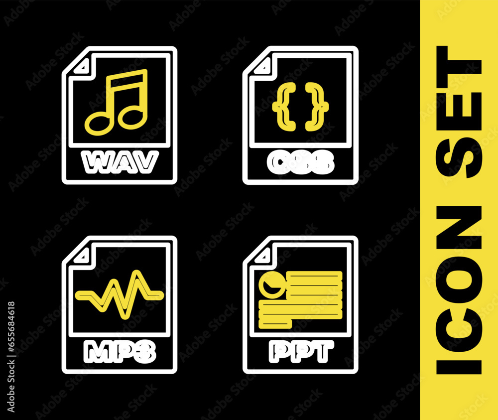 Poster set line css file document, ppt, mp3 and wav icon. vector