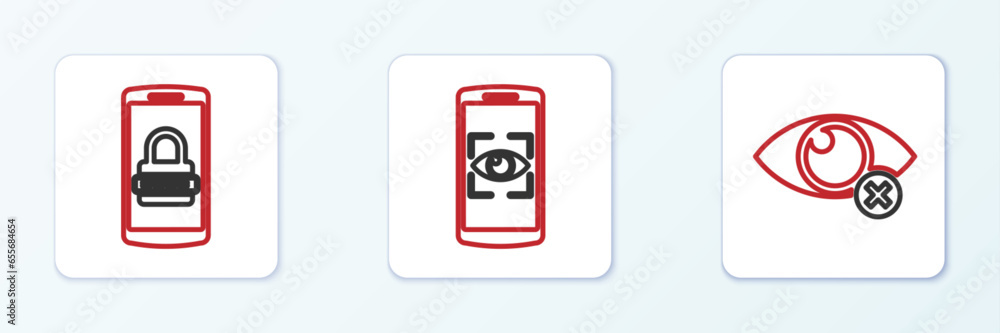 Poster set line invisible or hide, mobile and password and eye scan icon. vector