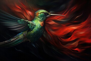 Fototapeta premium An abstract composition with the close-up of a hummingbird's iridescent feather, capturing the shimmering colors of emerald green and ruby red against a dark backdrop.