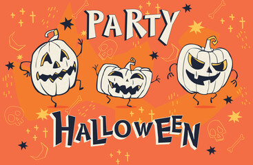 Vector dancing pumpkins on orange background.  Halloween set collection. Great for spooky fun party themed designs, gifts, packaging.